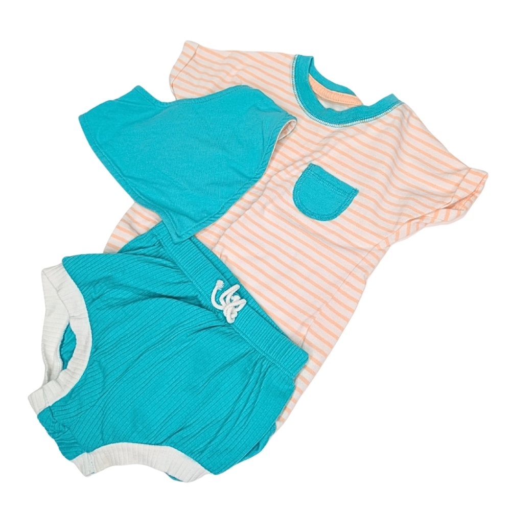 Cat & Jack Baby Summer Outfit Set | 12M | Teal Hot Pants, Striped Bodysuit & Bib